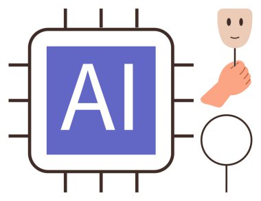 Mor yapay zeka çipi ve mutlu bir maskeyi tutan bir el yapay zekayı, insan etkileşimini, teknoloji etiğini, kimliği, yeniliği ve otomasyonu sembolize eder. Teknoloji, dijital araçlar, gelecekteki yaratıcılık etiği için ideal