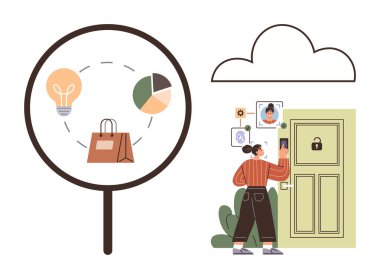 Kadın, bulut veri erişimi olan akıllı kapı kilidinin yanında kimlik taraması yapıyor. Etrafı ampul, harita ve alışveriş ikonları ile çevrili. Teknoloji, yenilik, güvenlik, akıllı ev, e-ticaret bulutu fütüristik