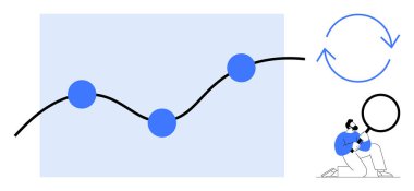 Veri noktalarıyla eğri eğilim çizgisi, süreci gösteren ok döngüsü, detayları inceleyen büyüteçle şekil. Veri analizi, büyüme, eğilimler, araştırma, istatistik, değerlendirme döngüleri için ideal