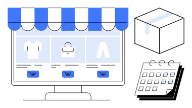 Mağaza önü tepe örtüsü altında ürün kataloğu, sağda nakliye kutusu ve aşağıda takvimi olan masaüstü monitörü. E-ticaret, perakende, lojistik, planlama, envanter, satış stratejisi için idealdir.