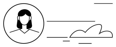 Bulut ve yatay soyut çizgilerle daire çizen dişi avatar hız, veri akışı ve iletişimi iletiyor. Teknoloji, ağ, gizlilik, kimlik, takım, dijital basit daire için ideal