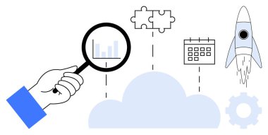 Büyüteç bulut verilerini analiz eder, bulmaca parçalarını birleştirir, takvim planlar ve roket fırlatır. Yenilik, strateji, üretkenlik, iş akışı, bulut teknolojisi ekip çalışması için ideal basit düz