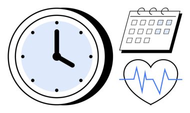 Zamanı vurgulayan saat, organizasyonu sembolize eden takvim, sağlık için kalp atışı. Üretkenlik, programlama, sağlık, denge, verimlilik egzersiz planlama için idealdir. Basit düz metafor