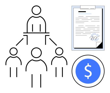 Takım liderine bağlı bir hiyerarşik takım modeli, imzalı kontrat ve dolar işaretli para. Takım çalışması, otorite, sözleşme yönetimi, liderlik, finansal anlaşma, şirket için ideal