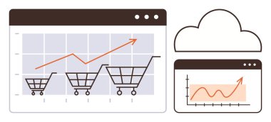 Yükselen grafikte alışveriş arabaları, bulut, büyüme ölçülü analitik gösterge paneli. Çevrimiçi alışveriş, veri analizi, iş büyümesi, dijital satışlar, pazar eğilimleri, bulut teknolojisi için ideal düz