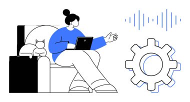 Kadın, yanında kedi olan bir dizüstü bilgisayarla kanepede oturuyor. Etrafı iş, yaratıcılık, teknoloji, işbirliği, yenilik, öğrenme ve uzaktan çalışmayı destekleyen ses dalgalarıyla çevrili. A