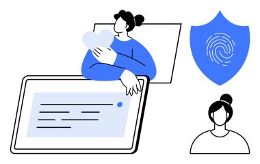 Kalbi güvenli tablet ekranın yanında tutan kişi biyometrik parmak izi kalkanı ve profil ikonu. Siber güvenlik, gizlilik, teknoloji güveni, çevrimiçi kimlik, kullanıcı koruması, duygusal güvenlik için ideal