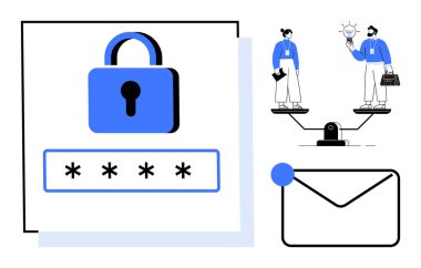 Kilit ve şifre güvenliği, e-posta zarfı ve tebligat, iki profesyonel tartı becerisi ve yenilik. Veri koruması, çevrimiçi güvenlik, iletişim, takım çalışması, denge için ideal