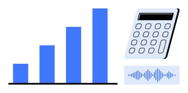 Çubuk grafiği kademeli olarak artıyor, bir hesap makinesi ve ses dalgası tasarımı. Analiz, performans takibi, finansal hesaplamalar, istatistik, teknoloji, veri işleme için ideal basit düz