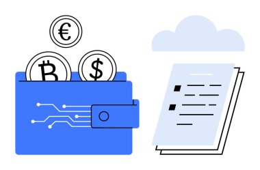 Bulutların altındaki belgelerin yanında bitcoin, euro ve dolar para depolayan dijital cüzdan. Finans, teknoloji, kripto para birimi, dijital işlemler, bulut hizmetleri, belge yönetimi için ideal