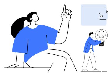 Kadın parmağını kaldırmış, cüzdanı kapalı, elinde ampul tutan bir adam. Yaratıcılık, finansal planlama, yenilik, problem çözme, verimlilik, ilham verici karar verme için ideal. Basit.