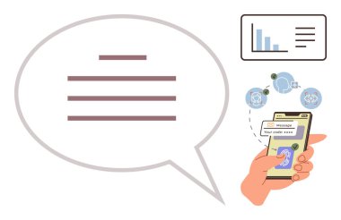 Akıllı telefondan mesajlar, analitik çizelgeler, konuşma balonunda işlem simgeleri. İletişim, teknoloji, veri, takım çalışması, strateji, basit düz metafor planlaması için ideal