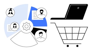 Alışveriş arabasında dizüstü bilgisayar, takım avatarlarıyla pasta grafiği, dişli ikonu işbirliğini, dijital ticareti simgeliyor. İş stratejisi, takım çalışması, çevrimiçi alışveriş, analitik, pazarlama e-ticaret için ideal