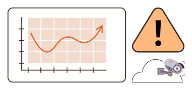 Yükselen eğilimi gösteren çizgi grafiği, potansiyel riskler için uyarı simgesi, bulut bağlantılı güvenlik kamerası. Veri analizi, büyüme izleme, güvenlik, risk yönetimi, teknoloji ve bulut depolama için ideal