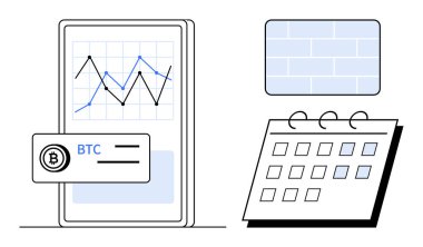 BTC kartı, boş duvar ve takvimle şifreli para birimi grafiği gösteren akıllı telefon. Finans, yatırım, planlama, veri, ticari dijital izleme için ideal. Basit düz metafor
