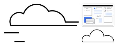 Dijital arayüzlü bulutların taslağı belge paylaşım ve düzenleme sergiliyor. Bulut hesaplama, çevrimiçi işbirliği, veri depolama, takım çalışması, dijital hizmetler, verimlilik ve yenilik için ideal