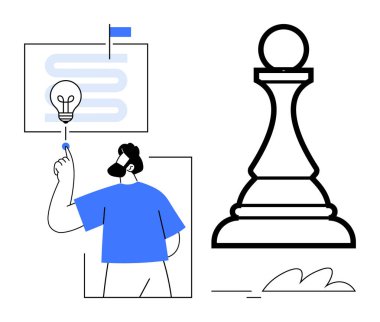 Satranç piyonu stratejik planlamayı sembolize eder. Ampulü işaret eden adam yeniliği ön plana çıkarır. Yolculuk tasarımı hedef belirleme ve problem çözmeyi gerektirir. Strateji, yenilik ve liderlik için ideal