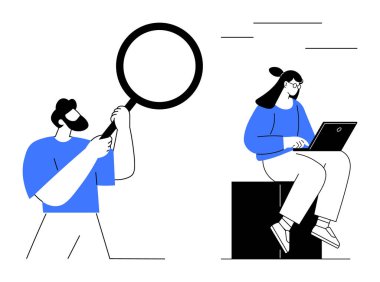 Erkekler büyüteçle incelerken, kadınlar dizüstü bilgisayarlarını blok koltuğa yazıyorlar, odak noktasını vurguluyorlar, yaratıcılık, analiz, öğrenme, işbirliği, keşif, problem çözme basit bir daire şeklinde.