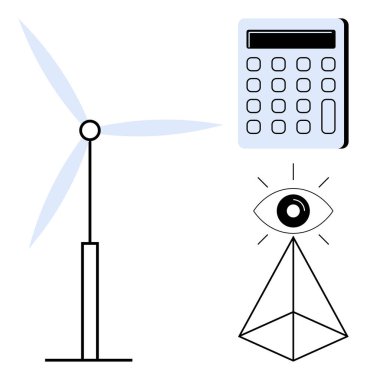Rüzgar türbini, hesap makinesi ve geometrik şeklin üstündeki göz enerji verimliliğini, hesaplamalarını ve öngörüsünü temsil ediyor. Sürdürülebilirlik, yenilenebilir enerji, analitik, matematiksel yenilik için ideal