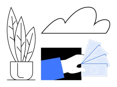 Bir saksı bitkisi ve bulut ikonu ile el ele tutuşan banknotlar. Sürdürülebilirlik, finans, e-ticaret, yeşil iş, çevre, teknoloji, basitlik için idealdir. Basit düz metafor