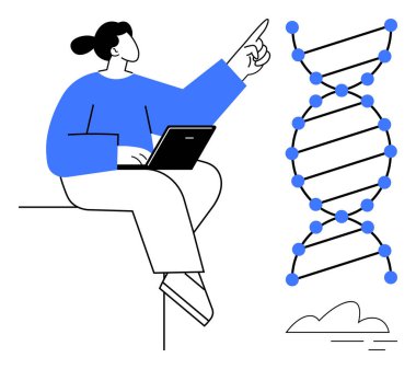 Dizüstü bilgisayarlı bir kadın, DNA sarmalını işaret ederek araştırma ve öğrenmeyi sembolize ediyor. Eğitim, bilim, yenilik, genetik, biyoteknoloji veri analizi ve dijital ilerleme için idealdir. Basit.