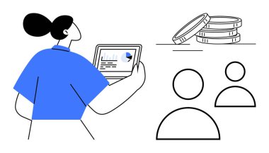 Kadın tableti üç madeni para ve basit takım simgesi eşliğinde çizelgelerle gözden geçiriyor. Finans, takım çalışması, bütçe, analitik, planlama, işbirliği ve dijital yönetim için ideal. Basit düz