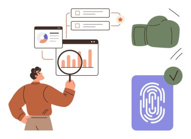 Haritaları büyüteçle analiz eden adam, güvenlik için parmak izi taraması, risk ve koruma için boks eldiveni. Veri, güvenlik, araştırma, analiz, risk teknolojisi araştırması için ideal. Basit.