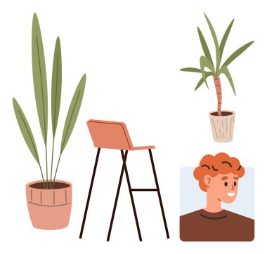 Kapalı mekandaki bitkiler, basit bir tasarımı olan bar taburesi ve gülen insan profili. İç tasarım için ideal, ev dekorasyonu, minimalizm, rahat yaşam, rahatlama, kişisel dokunuş basit düz metafor