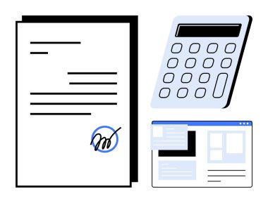 İmzalanmış yasal belge, basit hesap makinesi ve çevrimiçi platformun arayüzü anlaşmayı, hesaplamayı ve teknolojiyi sembolize eder. Finans, iş, sözleşmeler, yasal dijital araçlar muhasebe için ideal