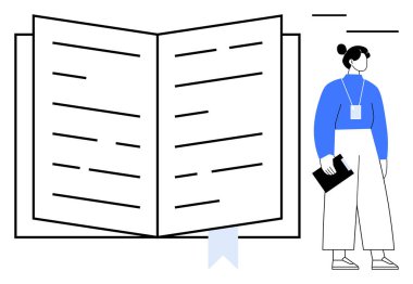 Bir kitap ayracı ve elinde defter tutan ayakta duran bir kadının olduğu açık bir kitap. Eğitim, okur yazarlık, öğrenme, araştırma, okuma alışkanlıkları, bilgi paylaşımı ve mesleki gelişim için idealdir. Basit düz