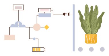 Akış şeması enerji akışını bulut, pil ve fişle sağlıklı bir bitkiye aktarıyor. Sürdürülebilirlik, yenilenebilir enerji, teknoloji, yenilik, ekoloji tasarımı yeşil yaşam için idealdir. Basit düz