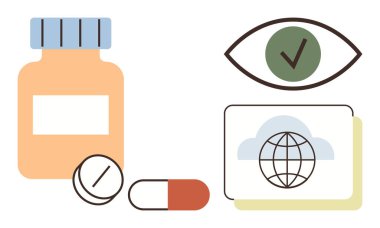 İlaç şişesi, haplar, kapsül, işaretli göz, ve sağlık, uyum, ilaç yönetimi, sağlık sistemi, ilaç endüstrisi dijital sağlık basit bemol