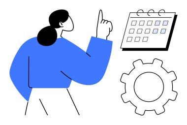 Bir kadın takvimi işaret ederken, planlama, zamanlama ve verimliliği sembolize eden bir vitesi de işaret ediyor. Üretkenlik, zaman yönetimi, organizasyon, iş akışı, karar verme süreci için ideal