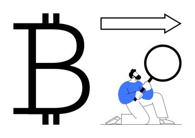 Büyük Bitcoin sembolü, diz çöken kişi büyüteç tutuyor, ileri ok ilerlemeyi gösteriyor. Kripto para birimi, finans, yatırım analizi, yenilik, engelleme zinciri, araştırma için ideal