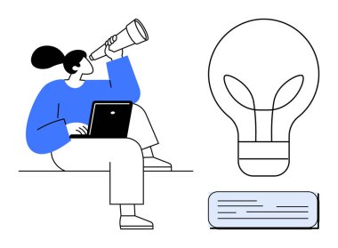 Dizüstü bilgisayarla tünemiş bir kadın, yanında büyük bir ampul ve kitapla teleskopa bakıyor. Yaratıcılık, yenilik, strateji, keşif, öğrenme, bilgi ve hayal gücü için ideal