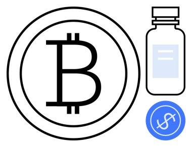 Çemberin içinde Bitcoin sembolü, ilaç şişesi ve dolar ikonu bir arada. Finans, sağlık, teknoloji, engelleme zinciri, şifreleme para birimi tıbbı ve ödeme için ideal. Basit düz metafor