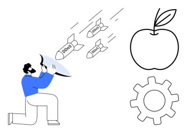 DDoS füzelerine karşı korunmak için dizlerinin üzerinde duran adam, elma ve dişli sembolleriyle. Siber güvenlik, savunma, internet güvenliği, teknoloji koruması, sistem bakımı ve yenilik için ideal