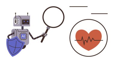 Robot elinde büyüteç, kalp ikonunu sağlık sisteminde kalkanla inceliyor. Yapay zeka teknolojisi, tıbbi yenilik, koruma, tanı, problem çözme, araştırma, basit düz metafor