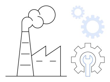 Duman yayan bir fabrika, ingiliz anahtarı sembolüyle çalışan dişliler. Sanayi, üretim, mühendislik, bakım, üretim, yenilik ve sürdürülebilirlik için idealdir. Modern daire