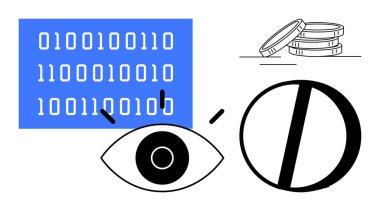 İkili kod, bir göz sembolü, bozuk paralar ve veri gizliliği, izleme ve kripto para birimini belirten soyut şekiller. Siber güvenlik, izleme, engelleme zinciri AI şifreleme ve veri için ideal