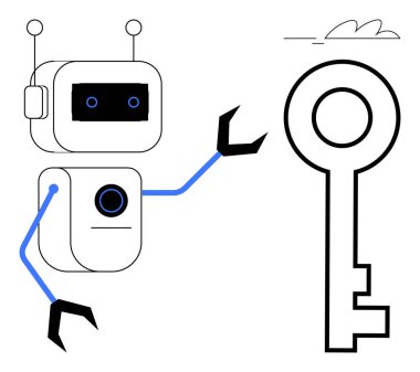 Robot düz tasarımda büyük boy anahtara uzanıyor. Yenilik için ideal, yapay zeka, fırsat, teknoloji, dijital dönüşüm, problem çözme, vizyon. Basit düz metafor