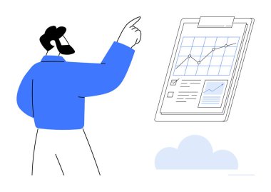 Çizelgeyi, listeyi ve grafiği gösteren bir panoyu işaret eden kişi. Veri analizi, iş stratejisi, planlama, üretkenlik, hedef izleme eğitim ekibi çalışması için idealdir. Basit düz metafor