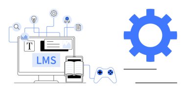 Birbirine bağlı simgelerle LMS arayüzü, açık kitap ve oyun denetleyiciyi gösteren bilgisayar. E- öğrenim, eğitim, teknoloji, üretkenlik, bilgi paylaşımı, sistem entegrasyonu için ideal basit