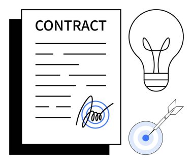İmzalı sözleşme, ampul ve hedefi vuran dart dartı. İş, anlaşma, yenilik, hedefler, başarı stratejisi planlaması için idealdir. Basit düz metafor