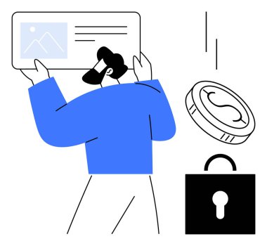 Kimlik kartı yanında gizlilik, güvenlik, kimlik, finans, erişim kontrolü, kimlik denetimi ve teknolojiyi basit bir metaforda vurgulayan bir madeni para ve asma kilit bulunduruyor.