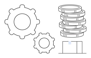 Büyük ve küçük vitesler bozuk para ve dizüstü bilgisayarla eşleştirilmiş. İş, finans, üretkenlik, strateji, teknoloji, yenilik, takım çalışması için ideal. Basit bir düz metafor.