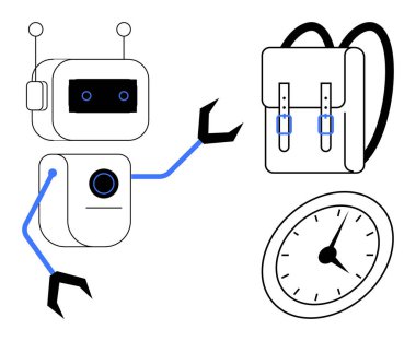 Robot sırt çantası ve saatle etkileşime giriyor, otomasyonu, öğrenmeyi ve teknolojiyi simgeliyor. Eğitim, zaman yönetimi, verimlilik, yenilik için ideal, yapay zeka basit düz metafor