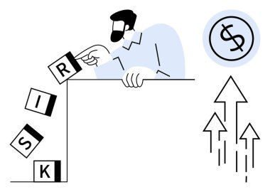 Düşen RİSK bloklarını dengede tutan adam, yukarı çıkan finansal oklar ve para ikonu yanında. İş, finans, yatırım, strateji, karar verme, risk değerlendirmesi için ideal, basit düz metafor