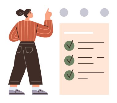 Gündelik kıyafetli bir kadın, tamamlanmış görevleri olan bir listeyi işaret ediyor. Proje yönetimi, hedef belirleme, üretkenlik, organizasyon, planlama, görev öncelikleri, basit düz metafor