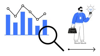 Bağlı veri noktaları olan çubuk grafik, büyüteç vurgu analizi, iş adamı evrak çantası ve ampul tutuyor. Veri analizi, strateji, yenilik, iş büyümesi, sorun çözme için ideal